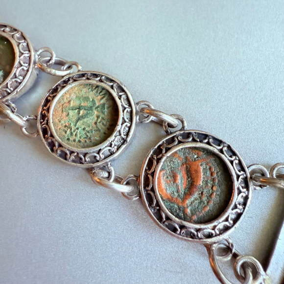Antique Rare Bronze 8 Widow's Mite Ancient Coins Sterling Silver 950 Bracelet - Picture 4 of 8